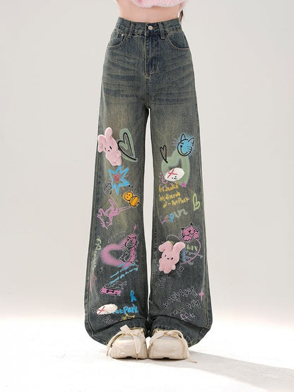 Wide-Leg Jeans with Colorful Graffiti and Detachable Pink Bunny Plushie Blue