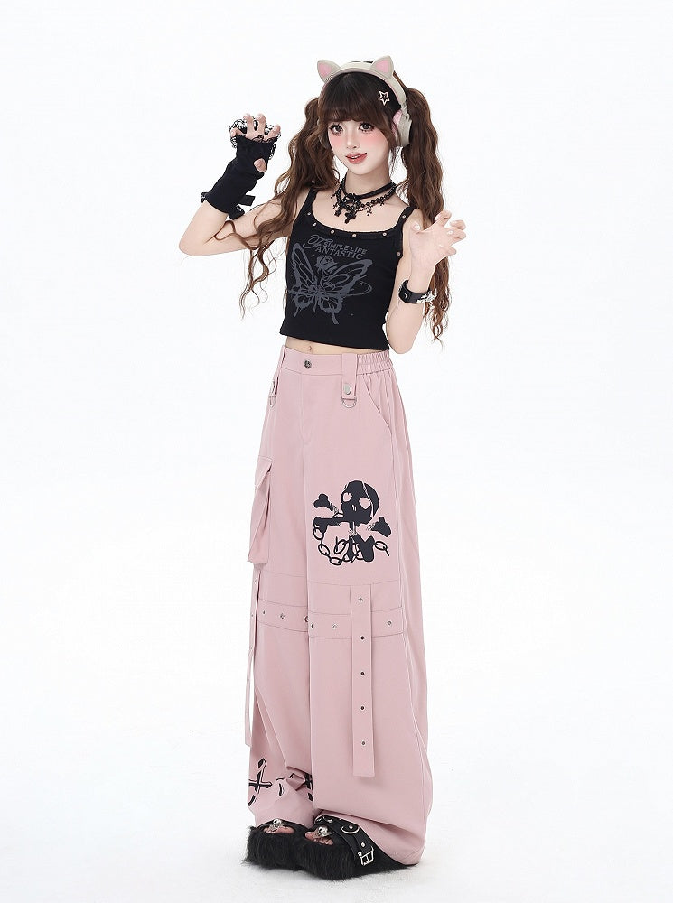 Cargo Skeleton Pockets and Cross Print Black/Grey/Pink Wide-Leg Pants
