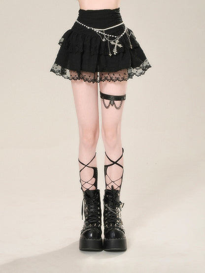 Lace Trim High Skirt Glamorous Tiered Mini Mesh Black Waist
