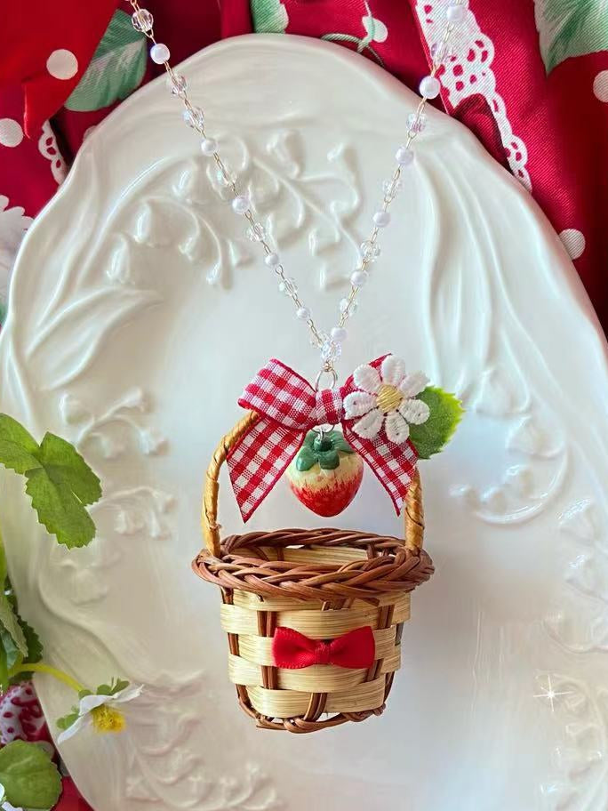 Pendant Details Floral Strawberry Decorated Necklace Red Bowknot Basket And Beaded