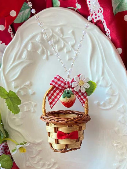 Pendant Details Floral Strawberry Decorated Necklace Red Bowknot Basket And Beaded