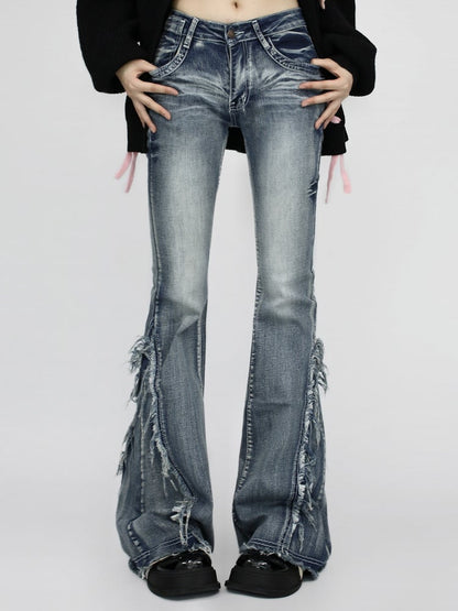 Cuffs- Slim Fit Raw Vintage Blue/Black Low Waist Flared and Jeans with Frayed