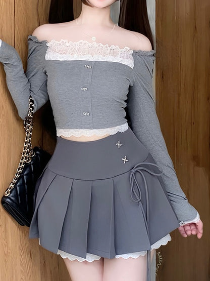Grey Lace Trim Lined Pleated Mini Skirt