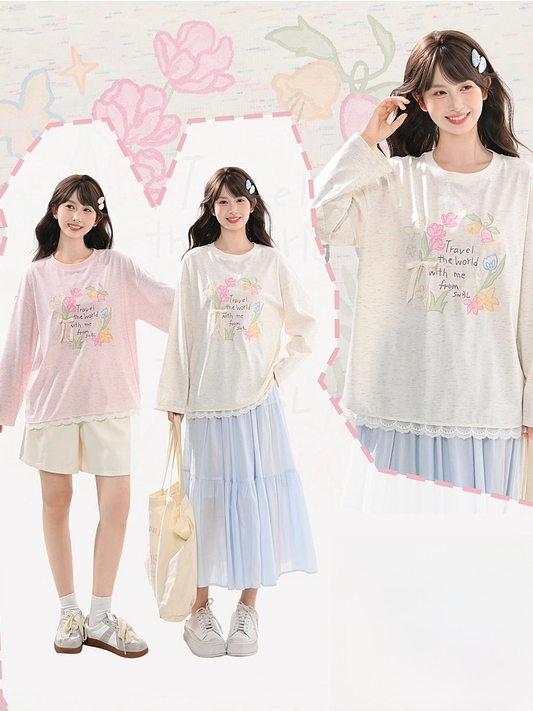 Round Sweet Floral Print Lace Trim Biege/Pink Neck Top