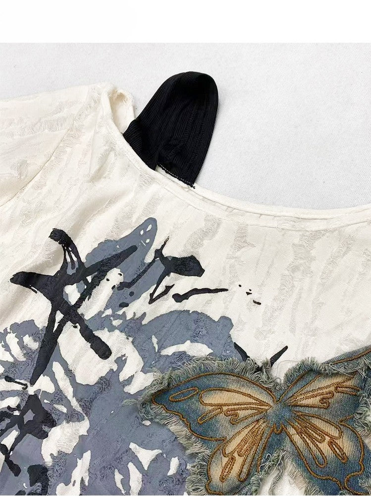 Butterfly White Kawaii Neckline Applique Bittersweet T-shirt Asymmetrical