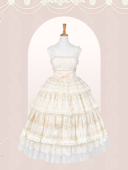 Cream Tiered Print Skirt Jumper Beads Lolita Neckline