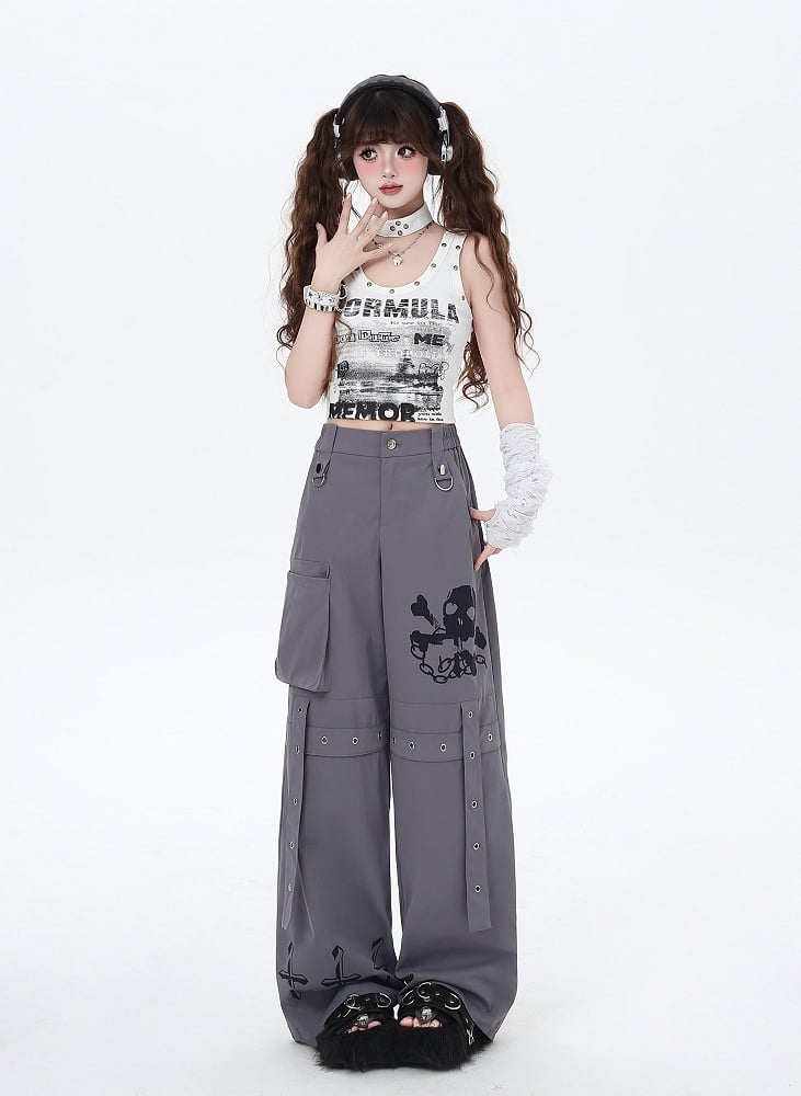 Cargo Skeleton Pockets and Cross Print Black/Grey/Pink Wide-Leg Pants