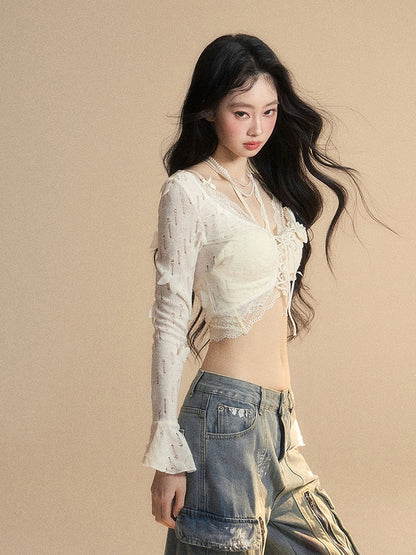 and Floral Embellished Lace Apricot Bell Sleeves Butterfly Set Cropped Top Glamorous Top With