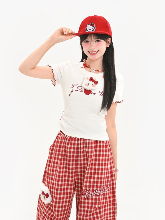 Lace-up Back Plush Kitty Lettuce Hem White T-Shirt