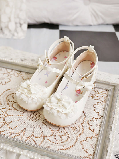 White Round Buckles Heart Lolita Lace at Milky Bow Toe Top Trim