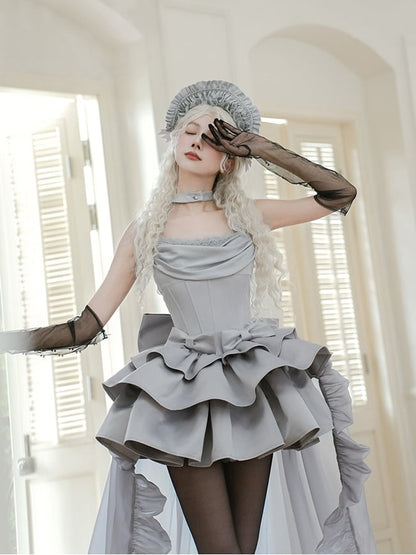 Cowl Spaghetti Dress Elegant Waist Straps Boned Lolita JSK Set Full Neckline Gray