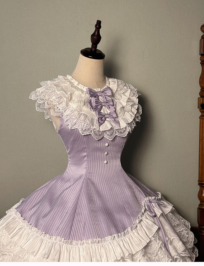 Purple Striped Fabric Slim Fit Waist White Layered Ruffle Neck Sweet Lolita Sleeveless Dress