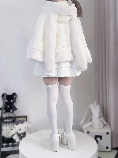 Hood Plush Cape Design Jirai Kei Beige Bunny Ears Bowknots Detachable