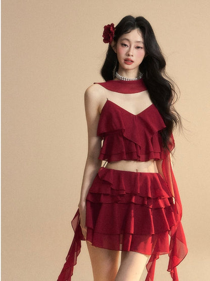Scarf Red Chiffon V-Neck with Tiered Free Ruffles Cropped Cami Top