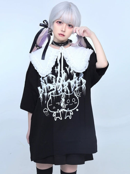 Jirai T-shirt Brief Katze Druck Schwarz Kei Und