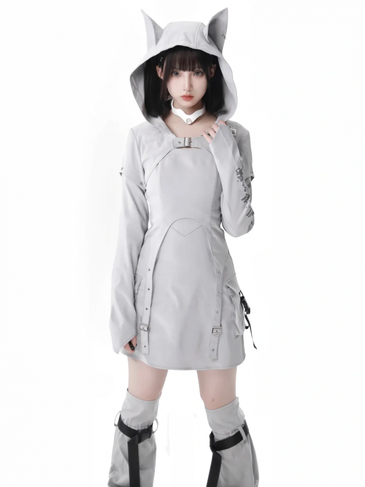 Light Gray Wolf Ears Hooded Futuristic Cropped Top