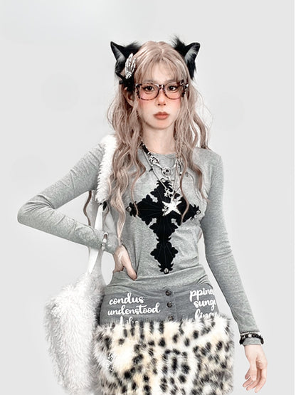 Cross Applique Grey Top