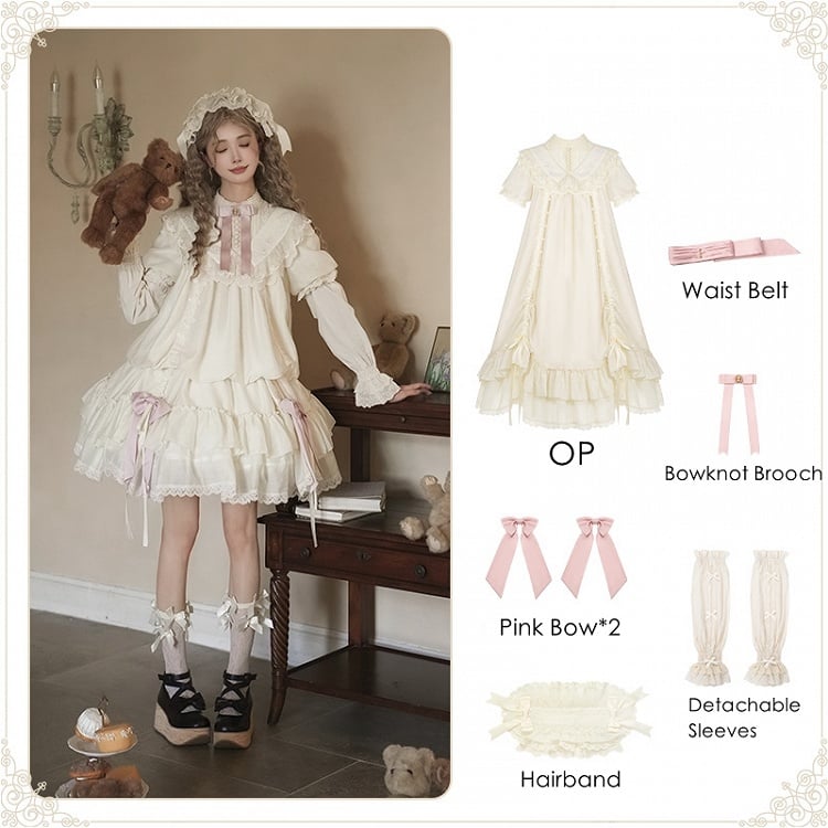 and Design Waist Pink Drawstring Fashion Belt Dress with Beige Lolita Versatile Bows