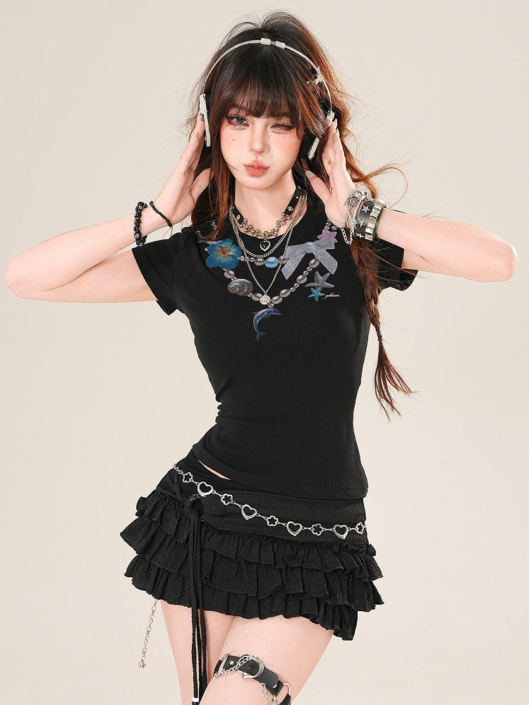 Black Print Bittersweet Beaded Glamorous T-shirt Necklace