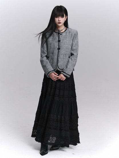 Strukturierte Trim Grau Raw PU Fall Kanten Schwarz Crop Jacke mit