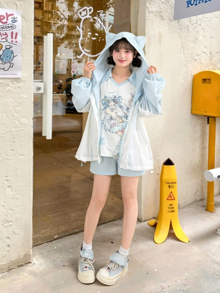 Sun Protection Jacket Hem Hood Cat Ears Blue Colorblock Design Drawstring Design
