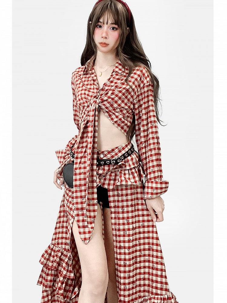 Pattern Twist Thigh-high High-low Shirt Floral Slit + Skirt Details Red Print Plaid