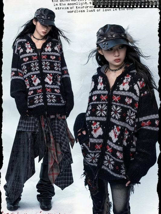 Black Brown Mohair Hooded Sweater