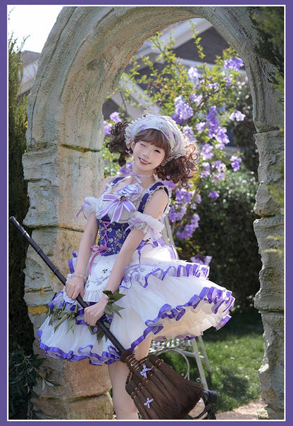 Outfit Bavaria - White Purple Octoberfest Corset Set Grape Embroidery Apron Skirt + Tiered Style Full Lolita Top