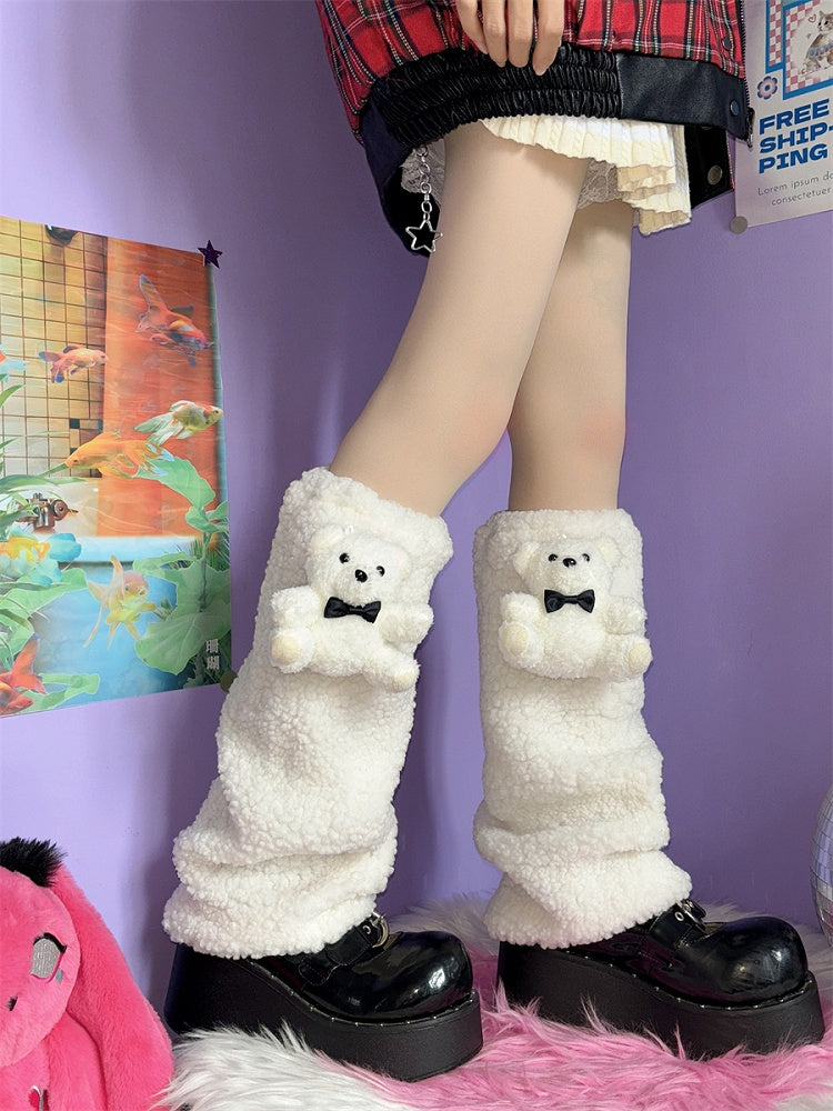 Y2K Christmas Plush Bear Design White Leg Warmers