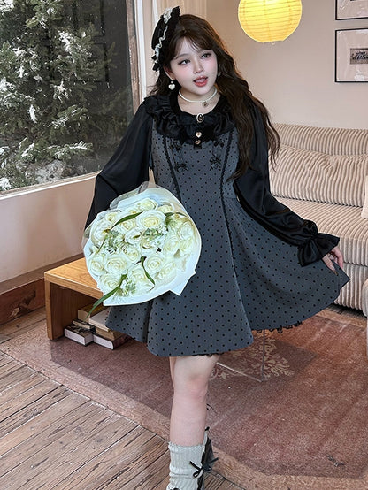Robe grise grande taille à pois et taille haute avec nœuds