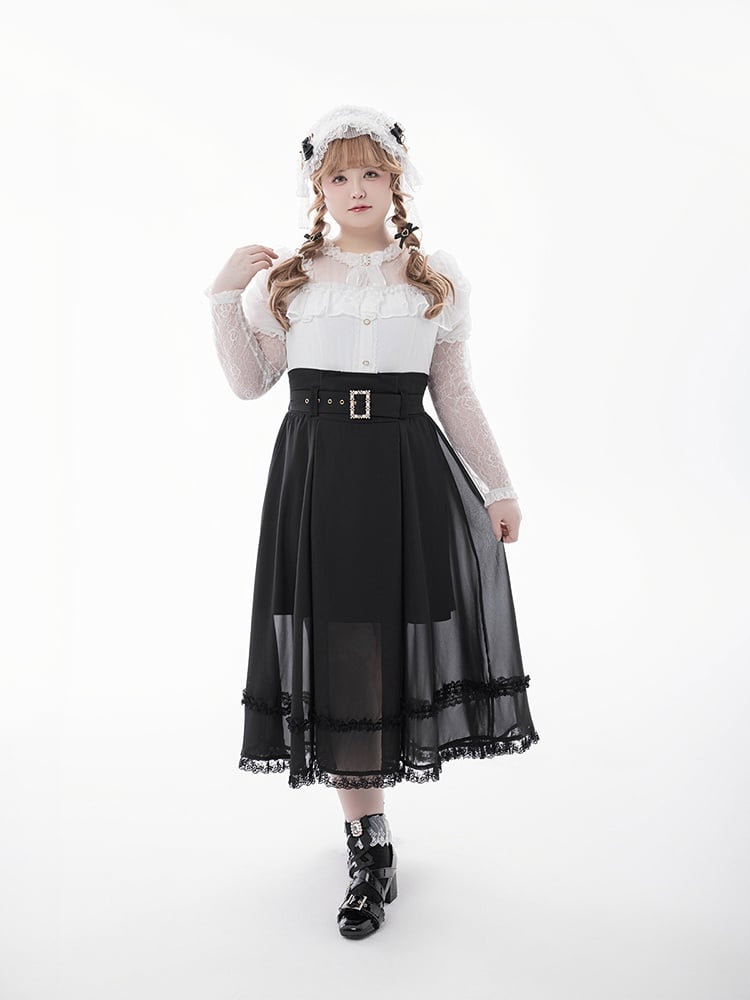 Blouse+Bow Tie White Illusion Neckline Juliette Sleeves Jirai Kei Lace