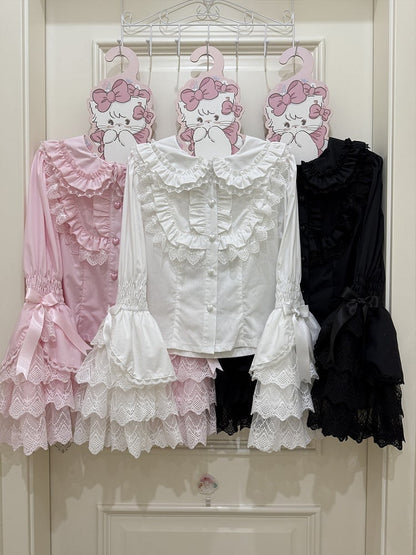 / Ears Collar Black Sleeves White Pink Bunny Long Shirt