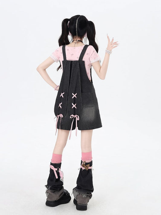 Adorable Lace-up Back Black Bunny Ears Design Denim Overall Shorts