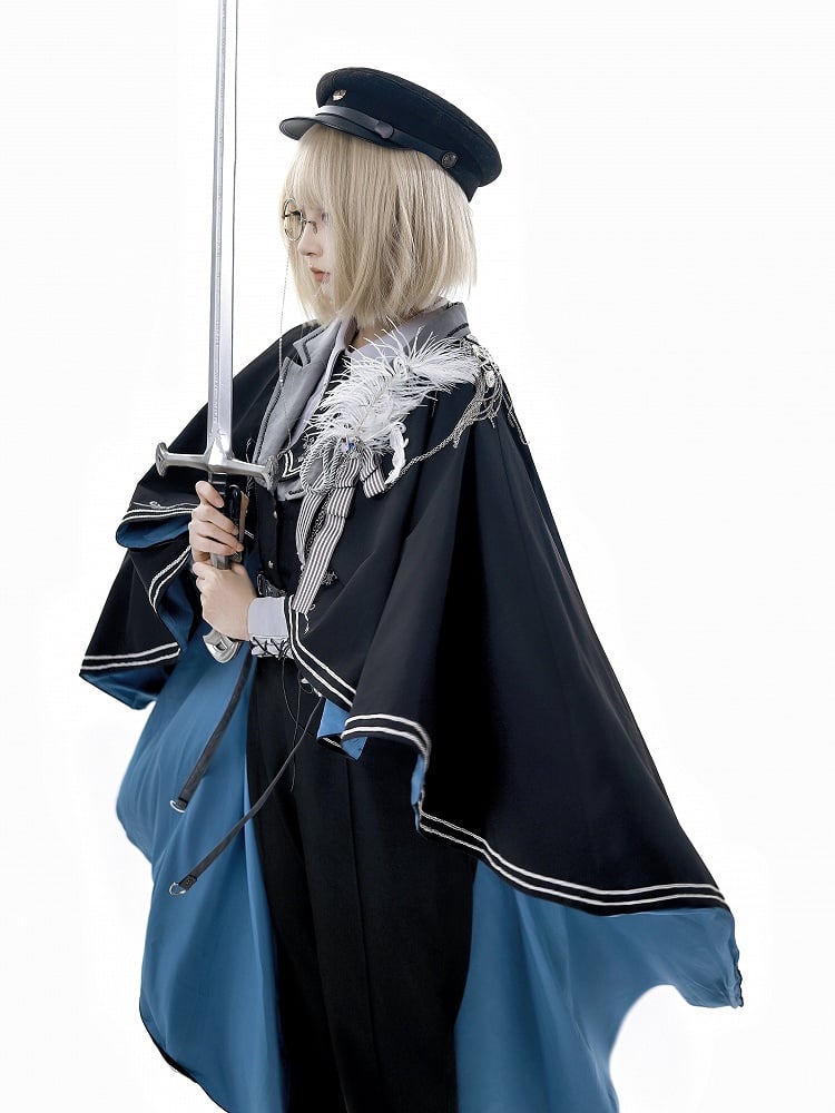 Military Waistcoat Black Pants Sleeves Shirt Gray + Lolita Prince Outfit-Long Fashion Ouji Waist High And