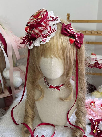 with Candy Hat and Bow Embroidery Strawberry Red Box Lolita Striped Mini White