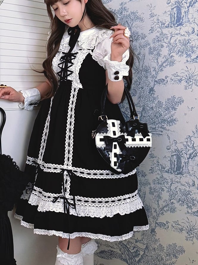 PU Hem Bow Sweet Straps Heart-shaped Hand Accents Bag Black Scalloped - Lolita