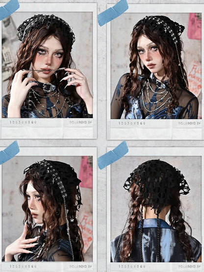 Grunge Punk Rock Black Studs Mesh Triangle Scarf KC Cross Charms Chain Detail