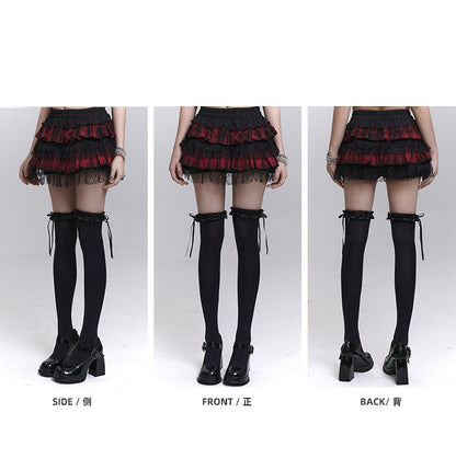 Trim Lining Red and Black Plaid Elastic Waist Lace Mini Tiered Skirt Bloomers
