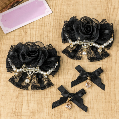 Jirai Kei Pink/Apricot/Black Lace Rose Beaded Chain Lolita Hairclip