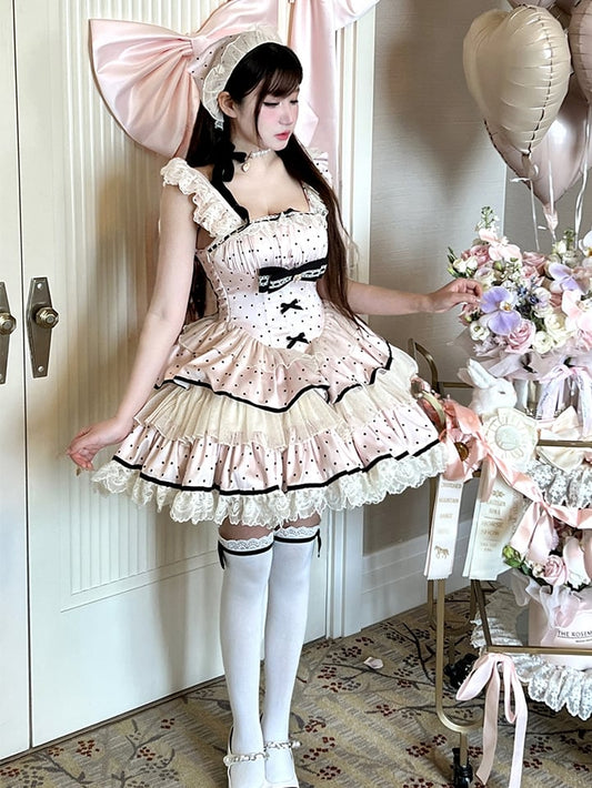Dots Skirt Dress Black Polka Basque Sweet Tiered Waist Pink