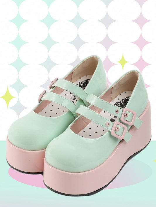 Leather PU Buckles Sweet Pink Lolita Green Sole Platforms with Wedge