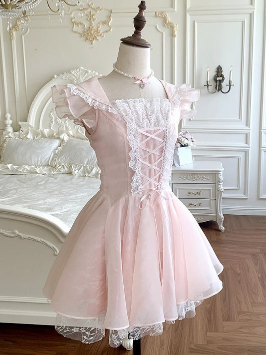Trim Dress Flutter Sleeves Balletcore Pink Lace-up Waist Lace
