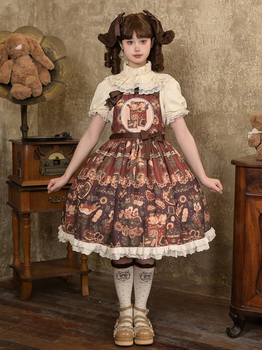 Cookies Print Dress Lolita Puppy Overall Set Reddish Furry Full Brown and Sweet
