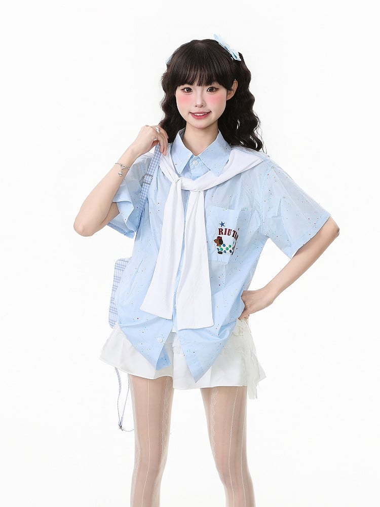 Short/long Sleeves Shirt with Decorated Blue Faux Sleeves and Adorable Dog Embroidery