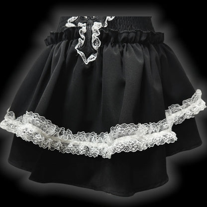 Y2K Black Cross Applique Lace Accents Punk Tiered Mini Skirt