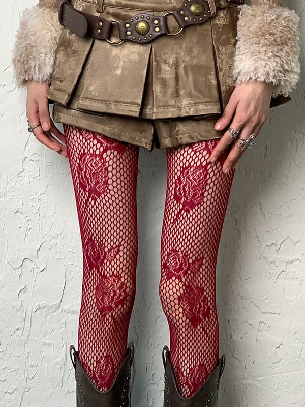 Punk Black Red Y2K Rose Pattern Hollow-out Tights