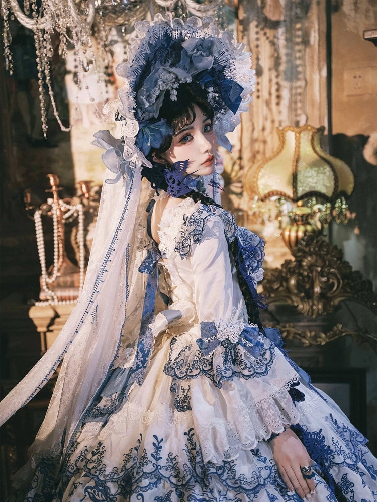 White Bonnet Blue and Detachable with Veil