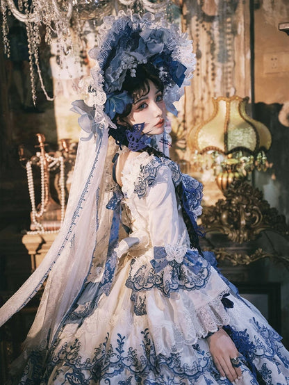White Bonnet Blue and Detachable with Veil