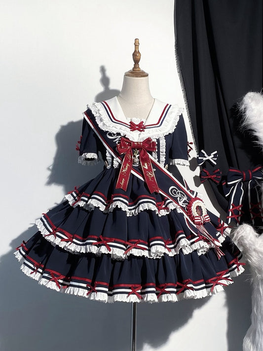 Lolita Dress Short Detachable Navy with Sleeves Blue Summer Sailor Collar