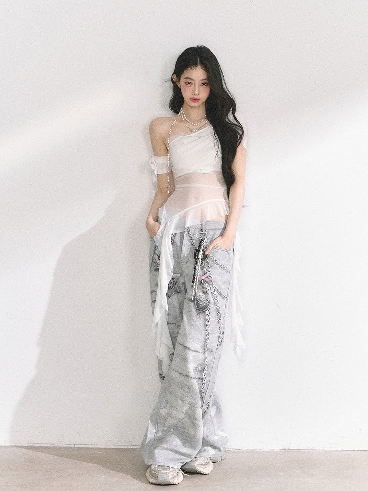 Light Gray Low Rise Chain Print Distressed Wide-leg Jeans
